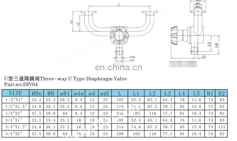 Sanitary SS316 U Type 3 Way Diaphragm Valve with TC/welded ends EPDM+PTFE membrane