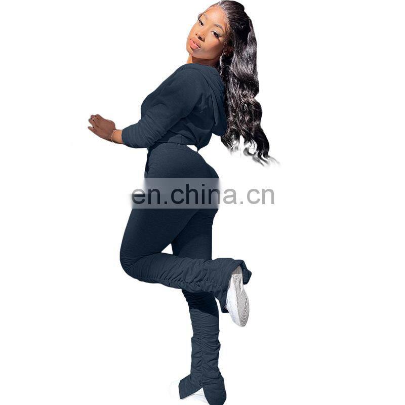 Wholesale custom women's suits Western style Solid color Sweater Folds Pocket jacket with hat Sports pants suit Hooded