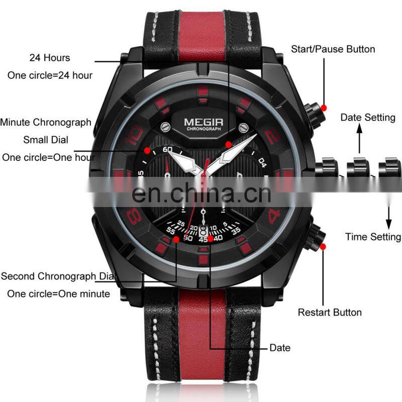 MEGIR 2076 Men'S Fashion Casual Quartz Movement Auto Date Leather Band Analog Watch Band Leather