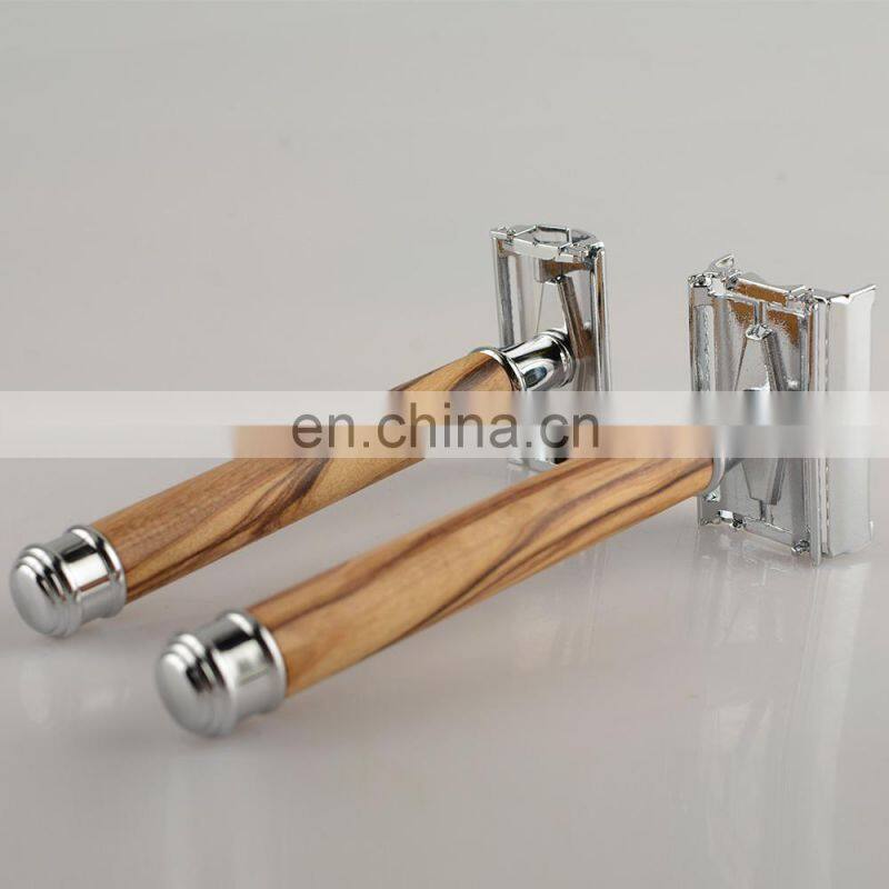 Premium quality Olive Wood Zero Waste Butterfly Head Double Edge Blades Private Label Wooden Shaving Safety Razor For Men