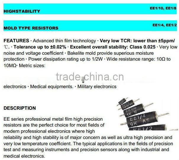 Super high precision, stable moulded type resistor, metal film resistor