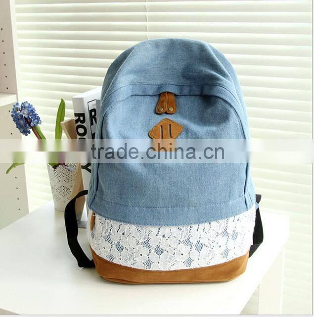 Fashion Floral Lace +Denim Canvas Women Bag Backpack School bag For Teenagers Ladies Girl Back Pack Schoolbag Bagpack