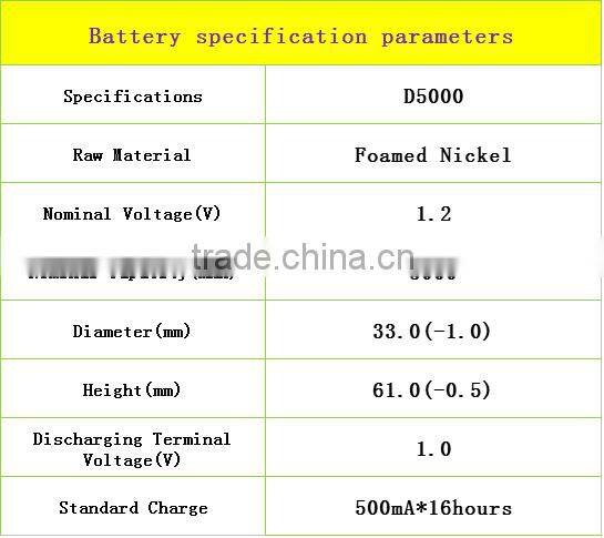 NiCd Rechargeable battery d 6v 5000 ni cd battery pack for ergency power/d5000 nicd battery pack