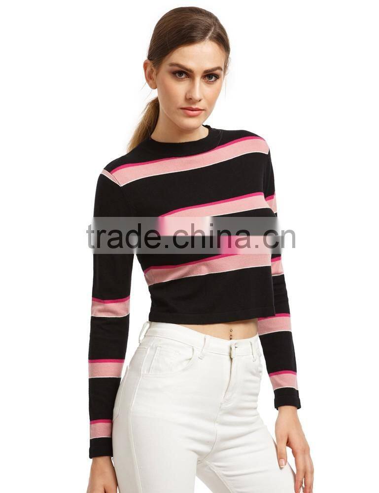 chinese clothing manufacturers 2016 fall and winter cropped stripe short knitted sweater designs for women