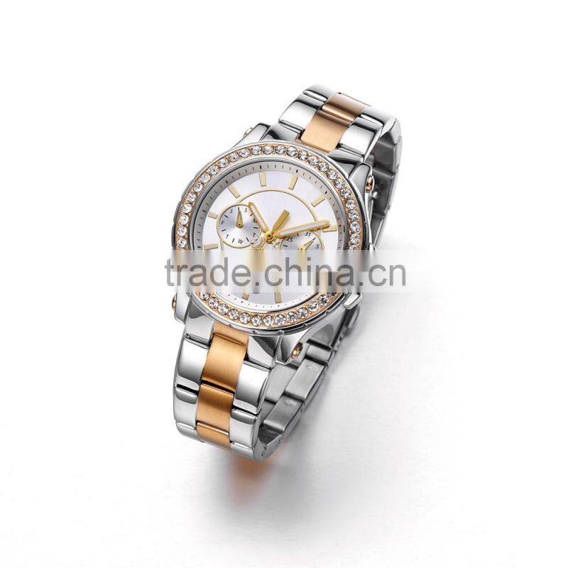 Elegent Multifunction Gold All Stainless Steel STONE Wrist Watch for Women and Men