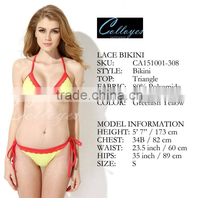 New Sexy Triangle Top 2016 Bikini Swimsuit Greenish Yellow + Red Lace with Classic Cut Bottom Colloyes