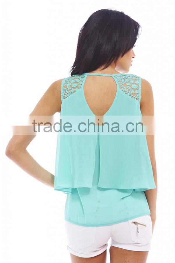 2015 Sleeveless pleated Chiffon Lady Blouse