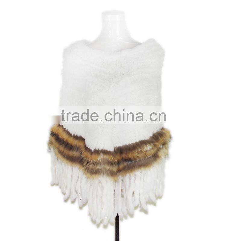 Rabbit fur poncho white color poncho raccoon fur stripes knitted poncho KZ14051