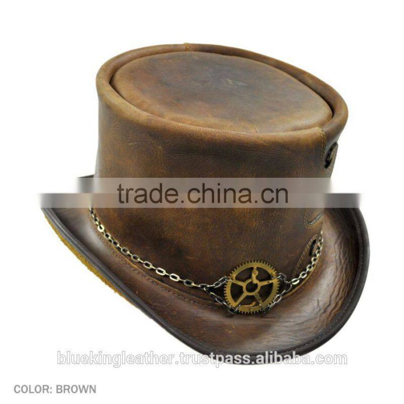 2 TONES PULL-UP CRAZY HORSE COWHIDE LEATHER "STEAMPUNK" TOP HAT