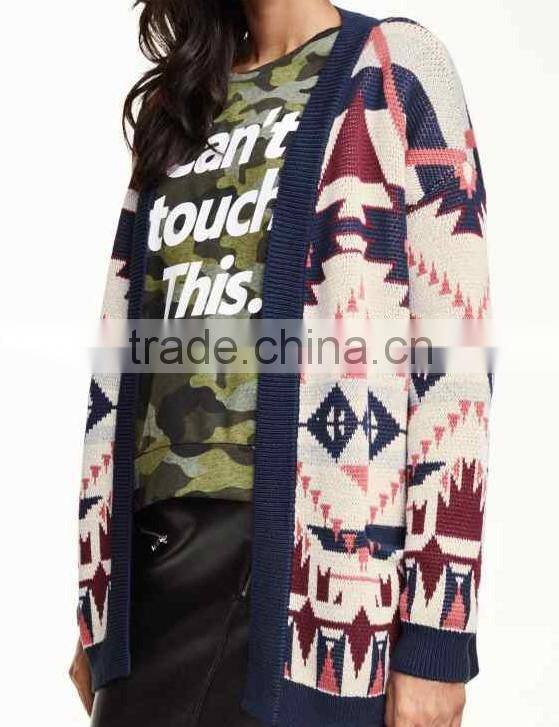 Ladies' long sleeve no button cardigan coat colorful jacquard knitted sweater from alibaba shop
