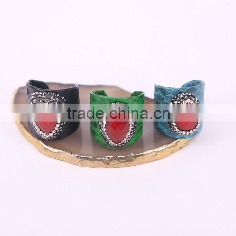 Charm Red Gem Natural Stone Ring, Snakeskin Rings, Oval Shape Pave Setting Crystal Jewelry Finger Druzy Gem Ring