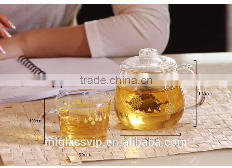 Borosilicate glass handblown glass teapot with glass infuser and two tea cups TZ319