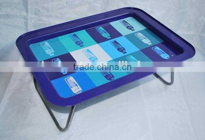 customized designs rectangular serving metal bed tin tray with stand leg