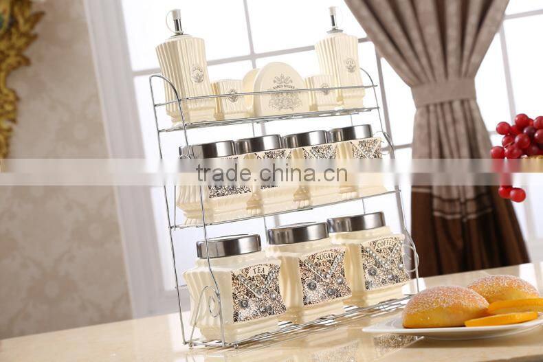 kitchenware food storage ceramic canister set with metal stand