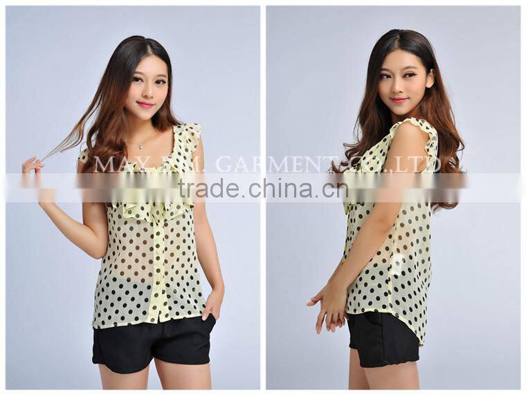 fashion butterfly sleeve polka dots pattern chiffon blouse MOQ 1 piece