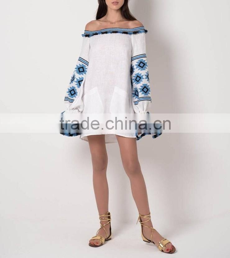 Latest Boho Clothing Mexican Off-The-Shoulder Embroidered Cotton Mini Dress Design For Ladies Machine Embroidery HSD5855