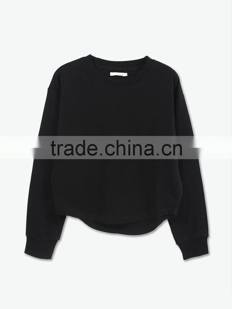 long sleeve pure color curved hem black pullover no hood blank sweatshirt crewneck women custom with two zips on the sleeve