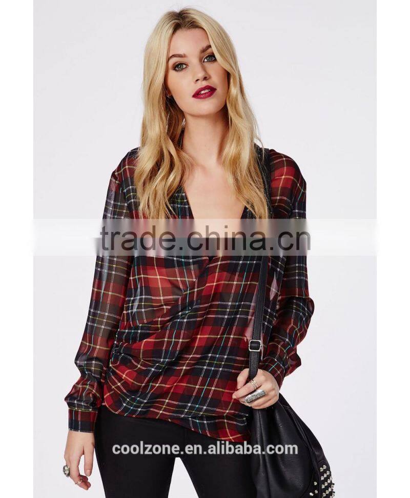 90's Deep plunge wrap over style 2015 new design chiffon ladies blouse