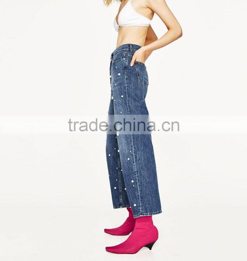 2016 pearl decoration highwaist jeans woman new model jeans pants