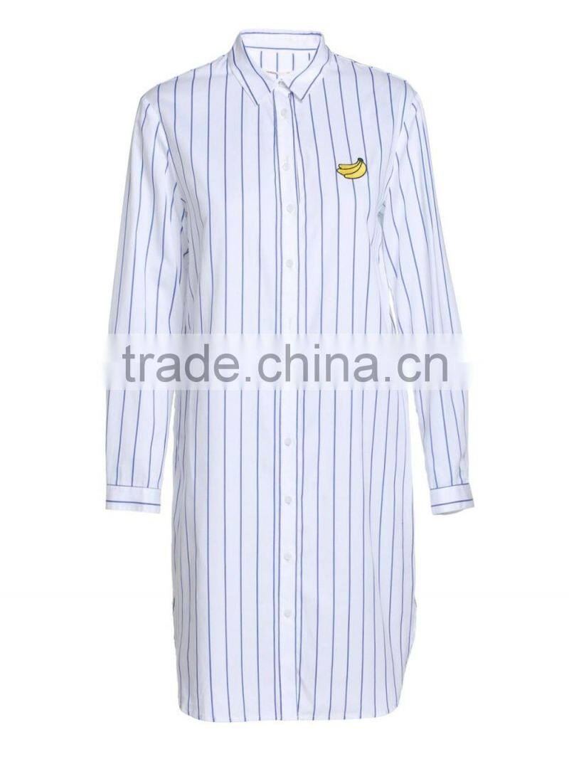 Women's 100% cotton blue and white stripe button-up long blouse/shirt dress in guangzhou