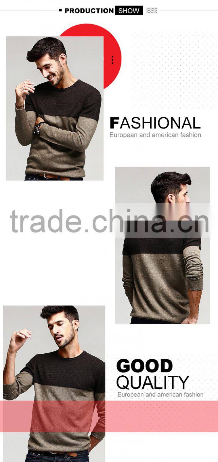 mans crew neck split joint pattern tight pullover sweater for wholesale