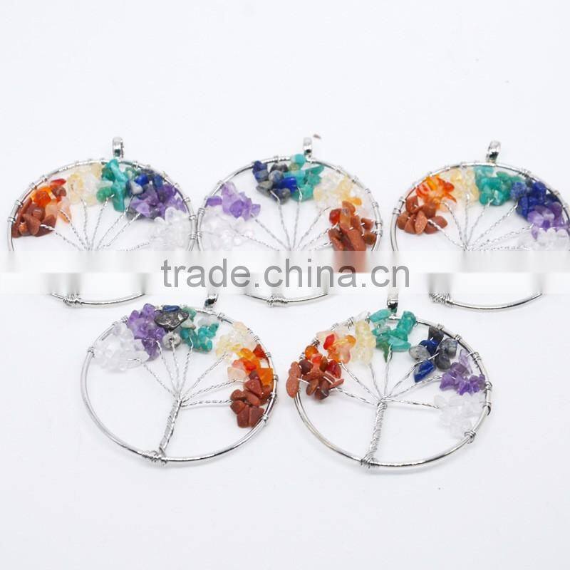 Natural Amethyst Reiki Chakra Tree of Life Crystal Wire Wrapped Pendant Necklace