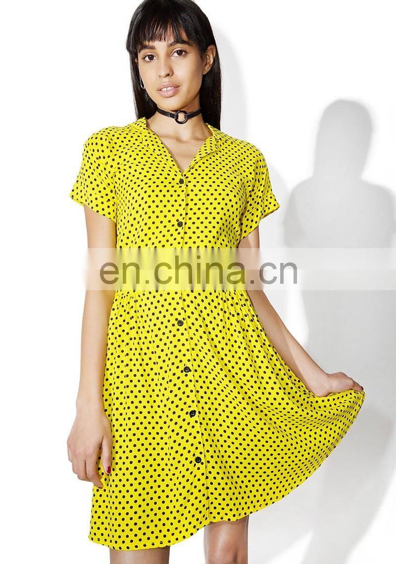 100% Viscose Fashion Clothing Front Up Summer Woman Dress in Black Dotted Print