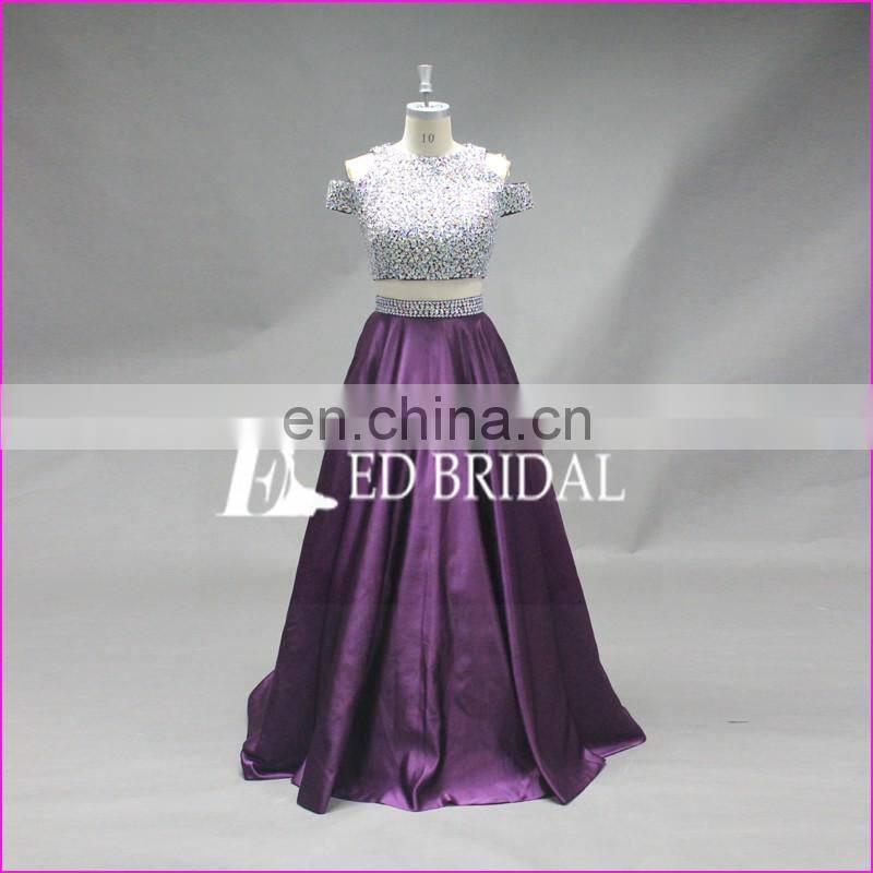 Real Sale Cap Sleeve 2 Pieces Satin Fabric Heavy Beading Purple Prom Dress