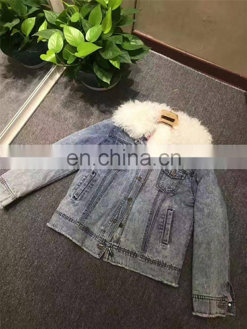 2016 Top Fashion Real Lamb Fur Collar Denim Parka with Hood Women Fur