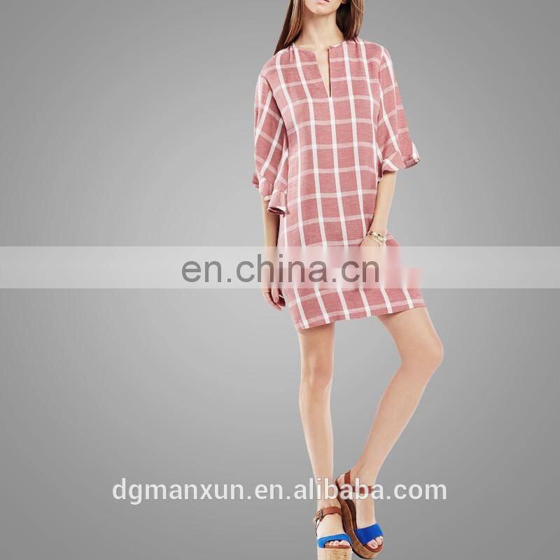 2016 OEMODM Custom Women Summer Style Long Sleeve Short Plaid Printed Slim Fashion New Dress Women's Top