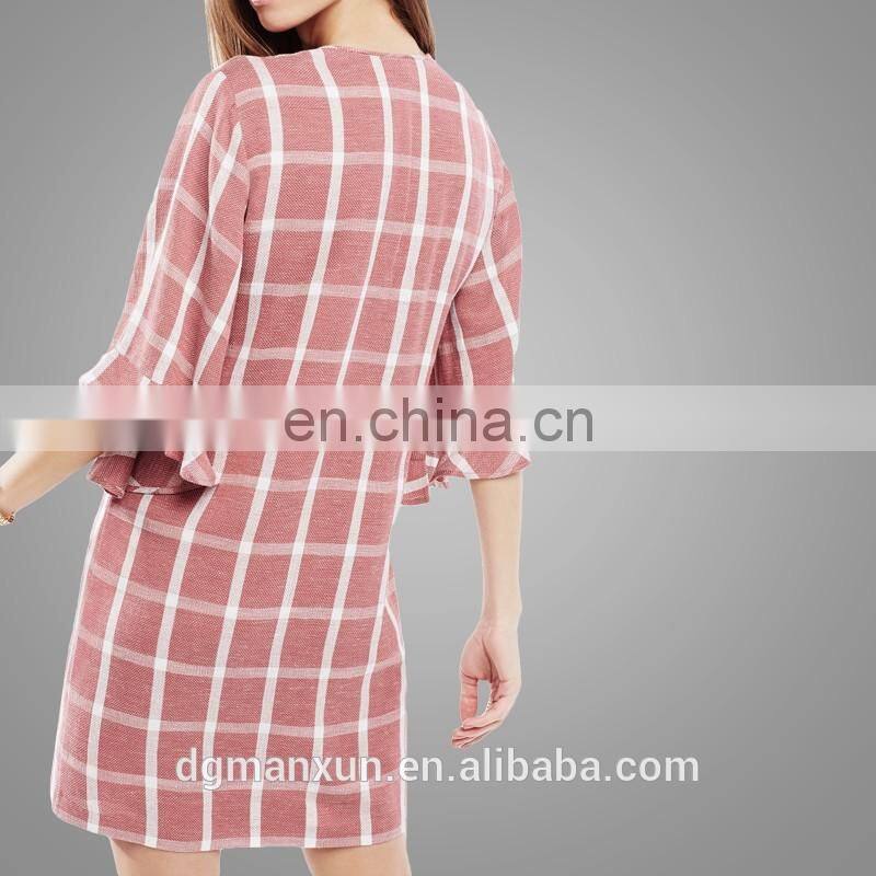 2016 OEMODM Custom Women Summer Style Long Sleeve Short Plaid Printed Slim Fashion New Dress Women's Top