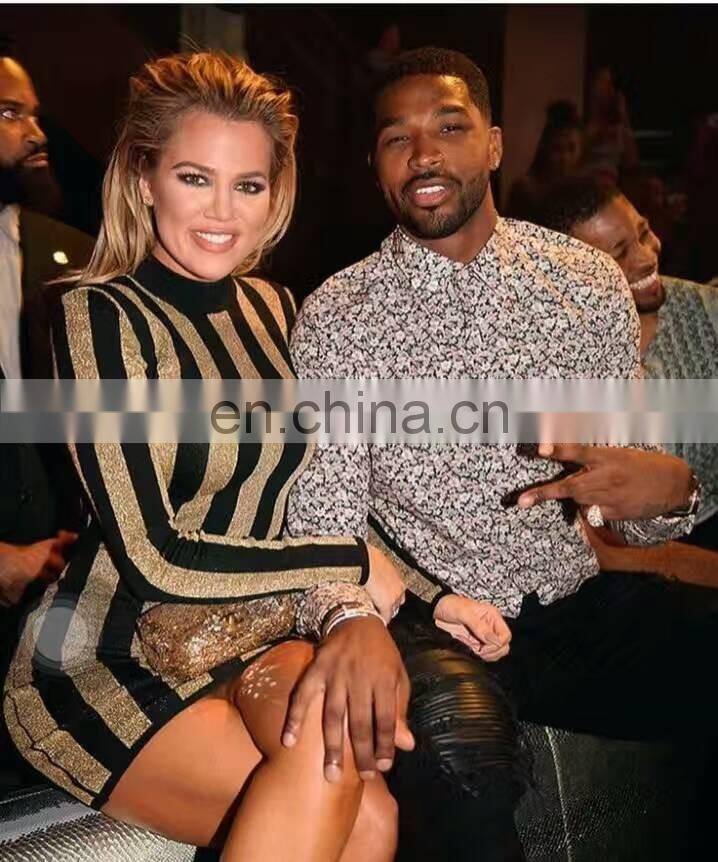 Black long sleeve gold printed stripe bandage dress High quality birthday dresses