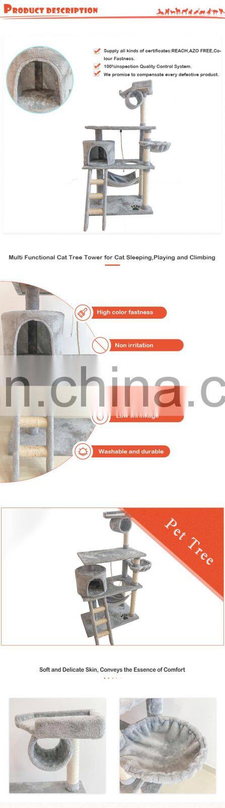 Big Cat Tree House Grey Cat Climbing Frame Cat Tower with Hammock