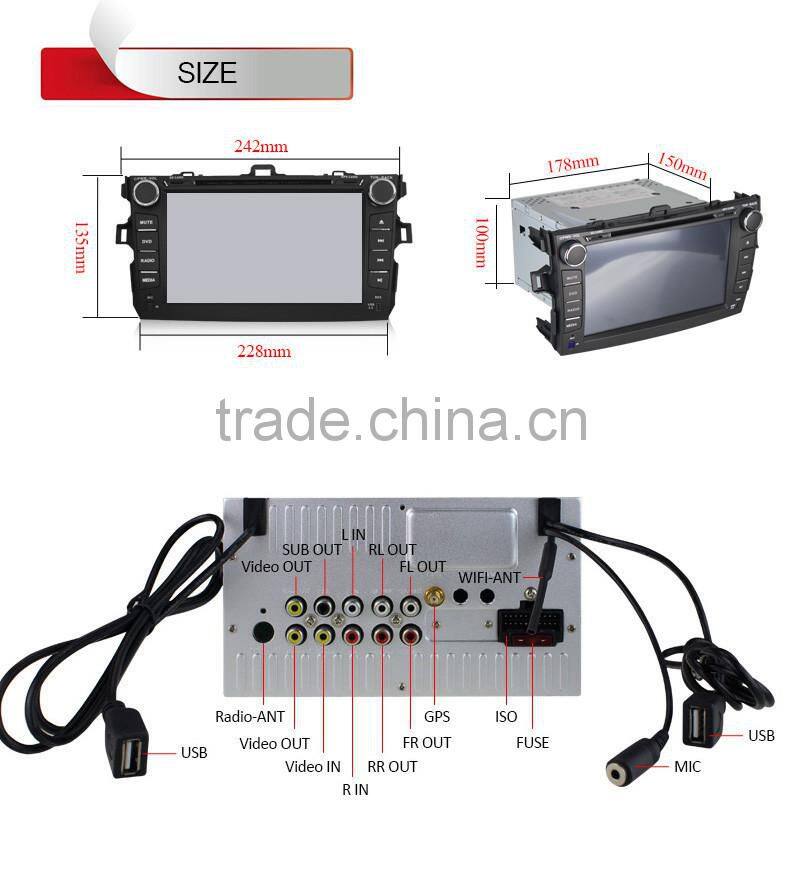 Pure Android 4.4 HDCapacitive 8" Touch Screen Car Audio Radio for Toyota corolla GPS NAVI , WIFI,BLUETOOTH,SWC,MP3,USB,SD,AUX,3G