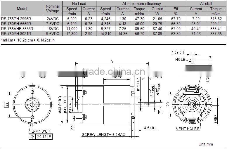 Massager machine motors RS-755SHV,9.6v pm dc motor,brush dc motor drive