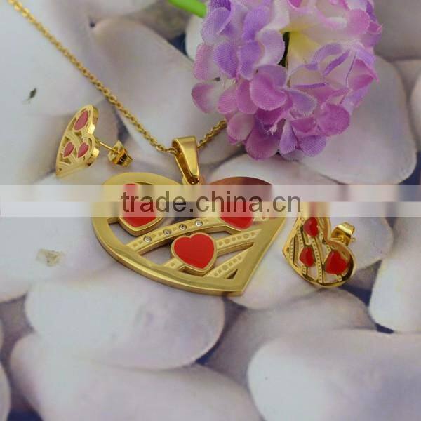 Stainless Steel Necklace And Earring Ring Bridal Wedding Jewelry Sets With Red Hearts Around