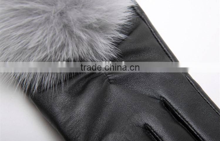 Delicate Sheep Fur Leather Gloves With Blue Fox Fur Pompom Flannelette Inside