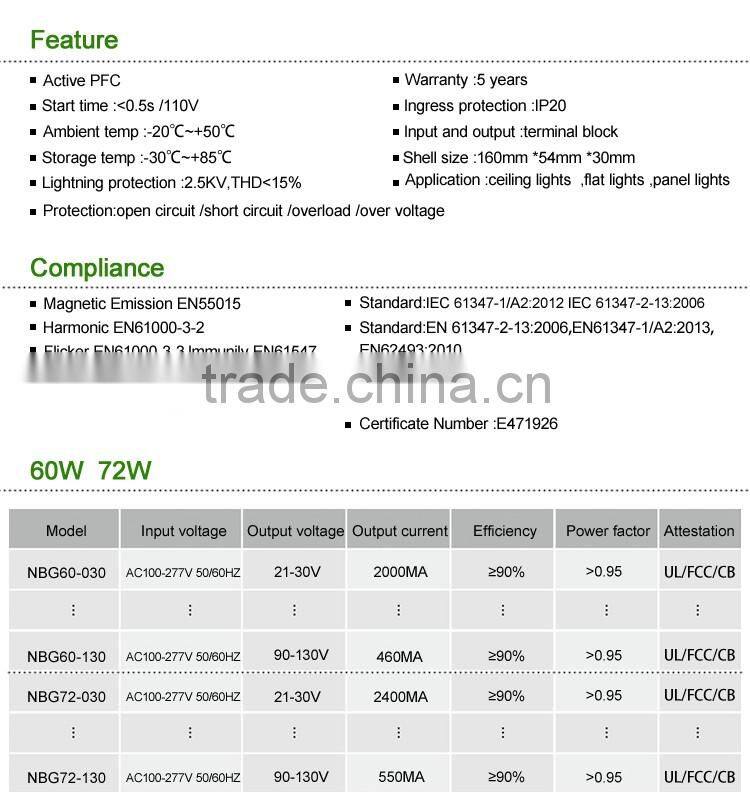 72watt 550ma-2400ma led panel lighting driver made in China Zhongshan City