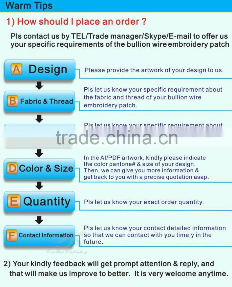 customize light gold bullion wire embroidery logo