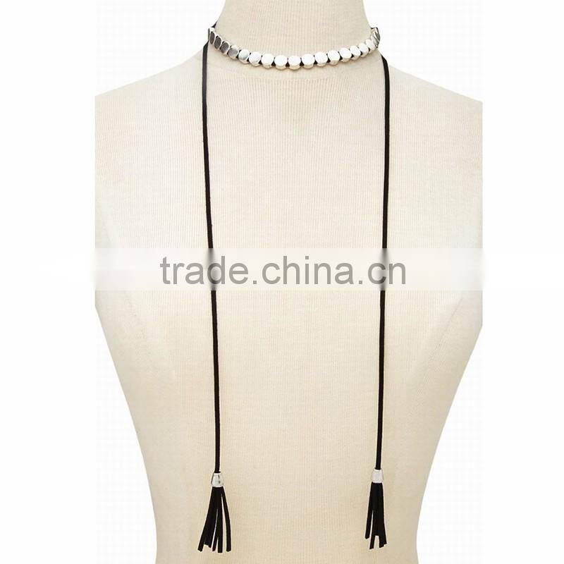 Fashion Changeable Alloy Circle Beads Charms Ornament Black Leather Long Tassel Bolo Tie Necklaces For Women Sweater Decoration