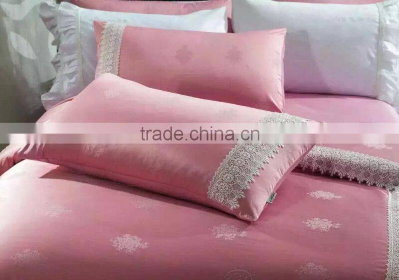 Solid color pink color bedding set bed cover set with lace