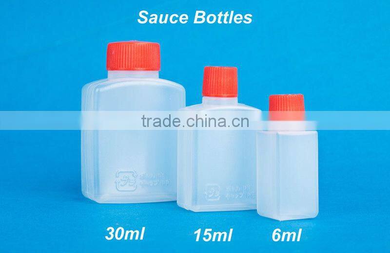 Empty PE bottles of sushi soya sauce in restaurant