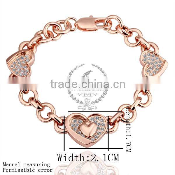18KGP rose gold plated crystal rhinestone lovers' heart women flower bangle bracelet fashion jewelry B002