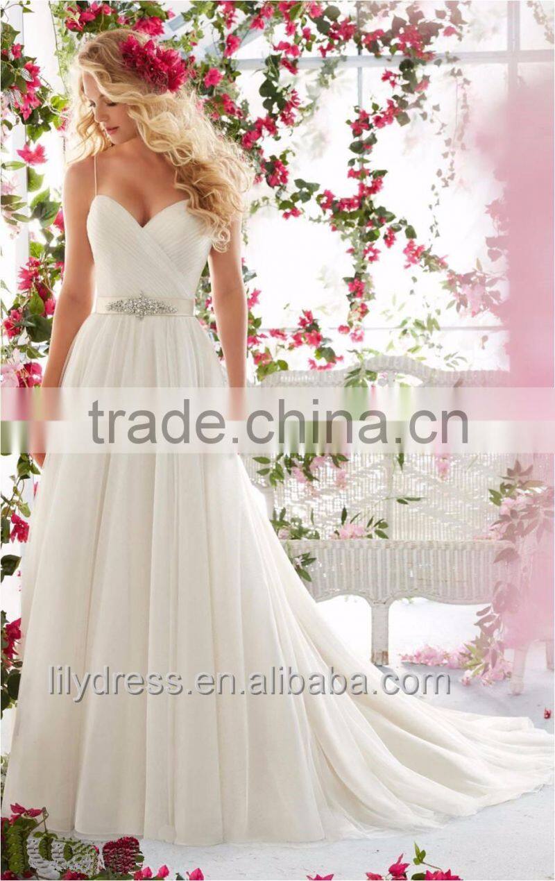 Simlpe Style Sexy Spaghetti Straps Pleated A-line Wedding Dresses 2016 Long Train Shining Beaded Crystal Sash Bridal Gown ML048