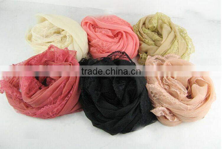 2014 Newest Style Solid Color Silk Chiffon Scarves Lady Girls Lace Edging Scarf Shawl Black Wholesale