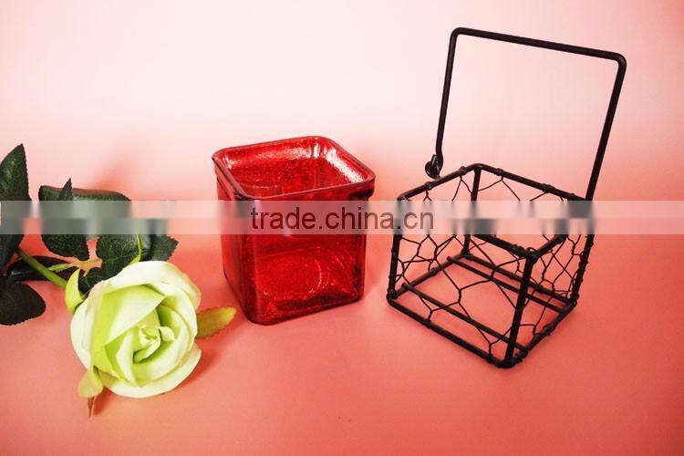 graceful red mercury square glass candle holder with black metal stand
