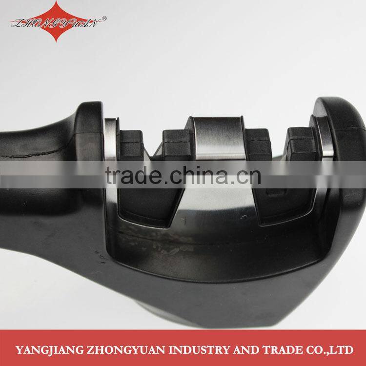 Two-stage knife sharpener with long safety ABS handle