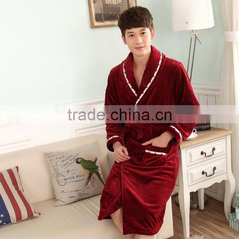 100% polyester embossed powder plush fleece men's bathrobe, nightie gown