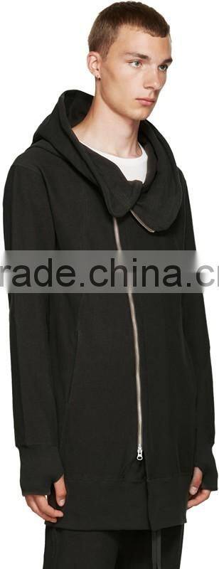 Long sleeve hoodie Structural wire at hood perimeter Asymmetrical zip closure Welt side pockets Rib knit cuffs and hem