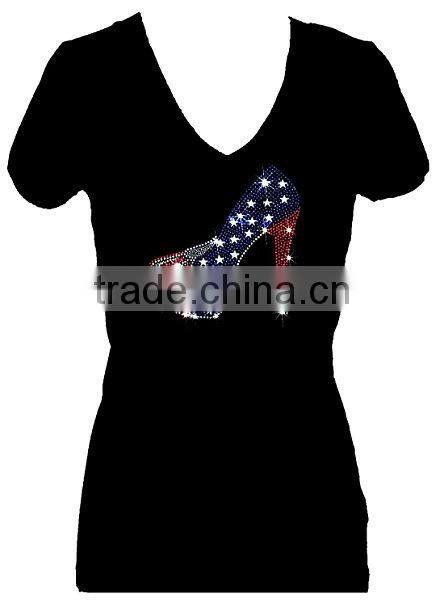 Shoe Flag July 4th Independence Rhinestone V Neck Short Sleeve Tee Shirt